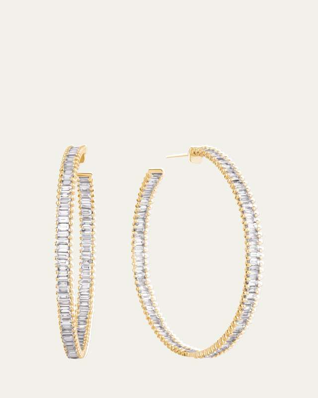14K Yellow Gold Inside and Outside Diamond Baguette Hoop Earrings, 40mm